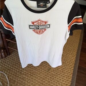 Harley-Davidson White Tee with Black Collar and Orange Logo